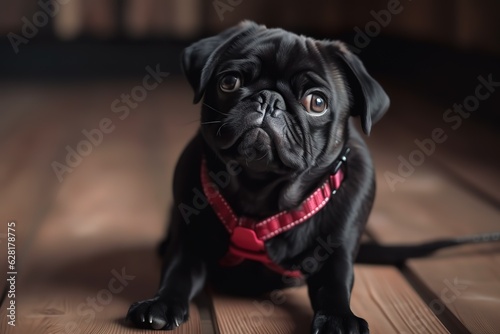 black puppy sitting on wooden floor wearing a red collar