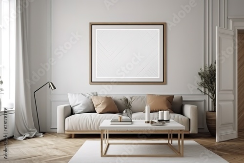 living room with grey walls plants wooden sofa set and portrait © Create image