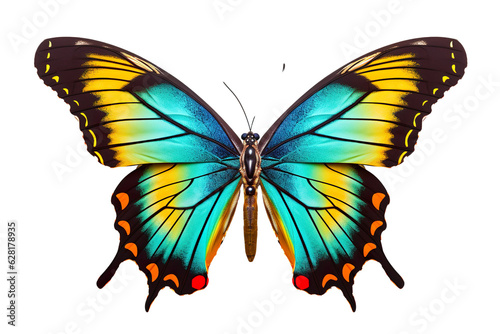 Very beautiful colorful butterfly in flight isolated on white background PNG © JetHuynh