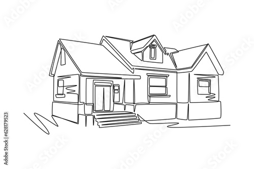 One continuous line drawing of house concept. Doodle vector illustration in simple linear style. 