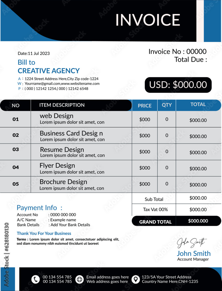 Naklejka premium Minimal Corporate Business Invoice design template vector illustration bill form price invoice. Creative invoice template vector. business stationery design payment agreement design .