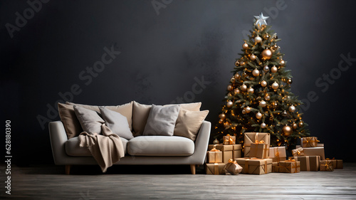 Living room with Christmas tree  gifts  white sofa  and blank dark wall with copy space