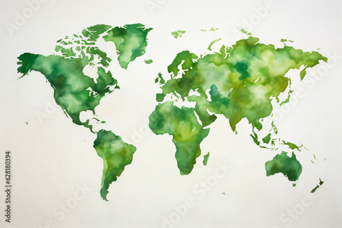 Watercolor world map in green colors