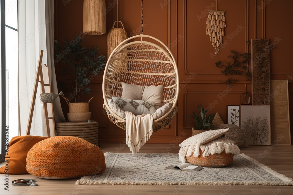 A cozy, bohemian-inspired reading nook with a hanging chair, lots of pillows, and a woven rug. Generative AI A cozy, bohemian-inspired reading nook with a hanging chair, lots of pillows, and a woven rug. Generative AI