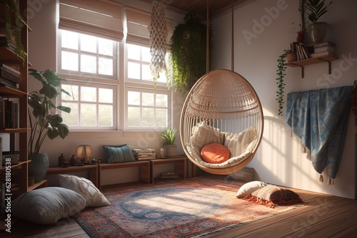 A cozy, bohemian-inspired reading nook with a hanging chair, lots of pillows, and a woven rug. Generative AI