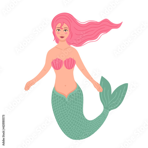 Mermaid with pink hair. Vector Illustration for printing, backgrounds, covers and packaging. Image can be used for greeting cards, posters, stickers and textile. Isolated on white background.