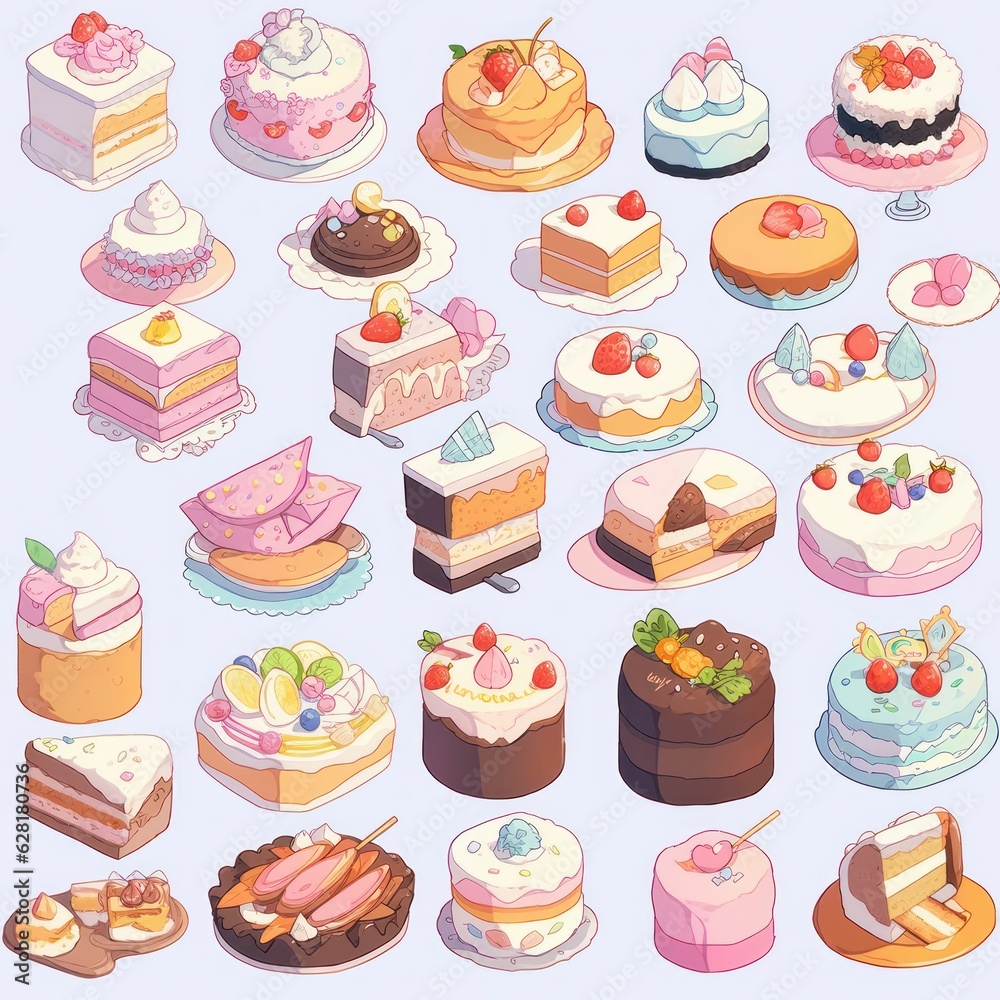 Illustration cute piece of cake set and dessert pastel color Created with Generative AI technology. Illustration cute piece of cake set and dessert pastel color Created with Generative AI technology.