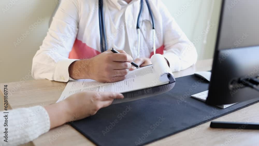 Close-up, the doctor shows the patient further treatment. The patient is at the doctor's appointment. There is no face, only hands, macro, hand movement, health care, medicine, diseases, treatment