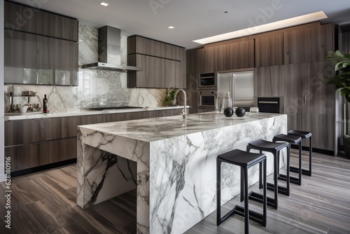 A chic modern kitchen with a white marble counter. AI generated