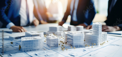 real estate developer, architect and businessmen team working on new modern business park project. complex buildings scale model on table in office. generative AI