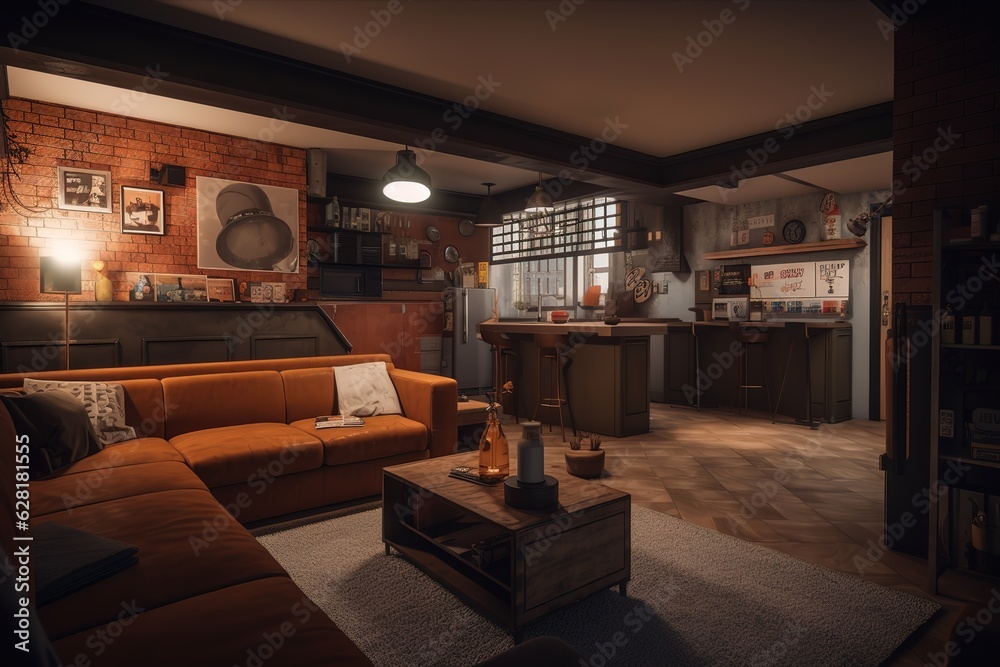 A cozy basement with a sectional sofa big scree. Generative AI A cozy basement with a sectional sofa big scree. Generative AI