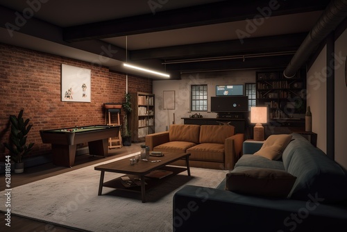 A cozy basement with a sectional sofa big scree. Generative AI