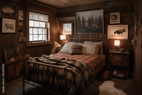 A cozy cabin bedroom with a wooden bed frame. Generative AI