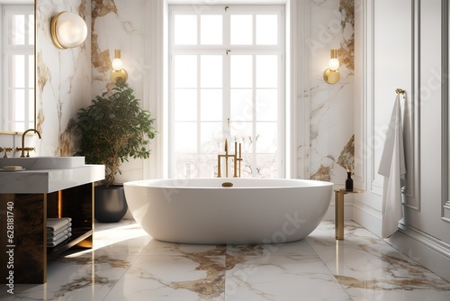 Luxurious bathroom with marble finishes  a freestanding bathtub  and a chandelier  creating an opulent and spa-like atmosphere. Generative AI