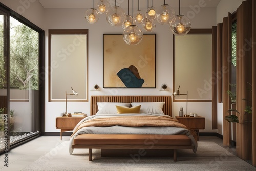 mid-century modern bedroom with a platform bed  vintage accents  and a statement wall hanging. Generative AI