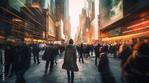 Fast moving energetic crowd movement, motion blurred people walking with long exposure, motion speed blur. Generative AI
