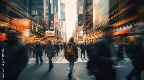 Fast moving energetic crowd movement, motion blurred people walking with long exposure, motion speed blur. Generative AI