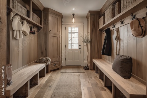 Mudroom with built-in wooden benches  hooks for coats  and storage cubbies  Rustic style interior  Interior Design Generative AI