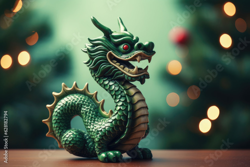 Green wooden dragon against green holiday background. Chinese new year 2024 symbol.