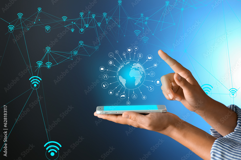 Hands of woman with mobile phone, digital model of planet Earth and wifi symbols on dark blue background. Concept of internet Hands of woman with mobile phone, digital model of planet Earth and wifi symbols on dark blue background. Concept of internet