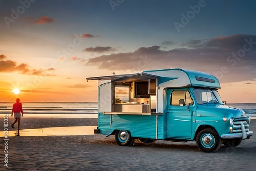 A food truck selling ice cream and other frozen treats at the beach.