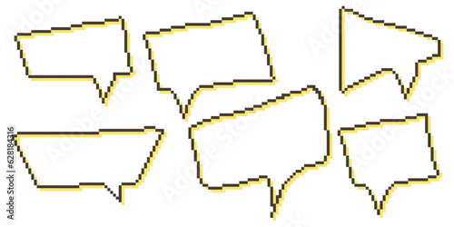Pixel speech bubble Collection chart dialogue boxes. Retro game 8 bit line text box. Yellow, Black and white color empty pixelated message bar. Quote cloud frames. Flat design vector illustration