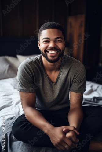 shot of a happy young man sitting on his bed at home
