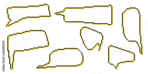 Pixel speech bubble Collection chart dialogue boxes. Retro game 8 bit line text box. Yellow, Black and white color empty pixelated message bar. Quote cloud frames. Flat design vector illustration