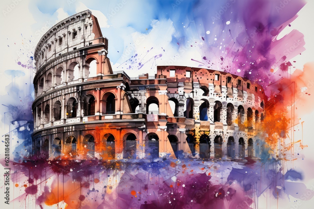 Watercolor Roman Colosseum with paint splatter. Ancient Roman amphitheater. Generative AI
