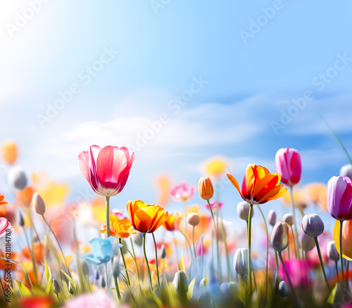 Fototapeta Naklejka Na Ścianę i Meble -  Selective focus.closeup of fantasy multicolor tulip flower blooming in garden with landscape meadow mountain view.nature spring background.generative ai art