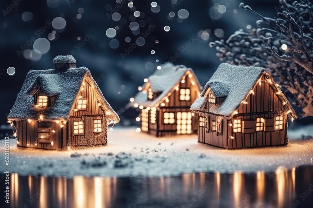Christmas decorative cute clay toy house and small tree covered in snow with reflection