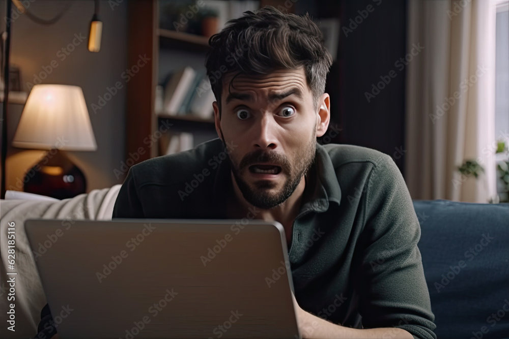 Stunned badly frightened man, shocked by bad news, sitting with a laptop on couch at home late at night Stunned badly frightened man, shocked by bad news, sitting with a laptop on couch at home late at night