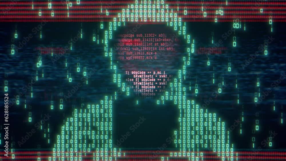 Computer hacker with hoodie and glitch face. Computer abstract digital code at the background. Darknet fraud and crypto currency bitcoin concept. Cybersecurity and data protection in social network