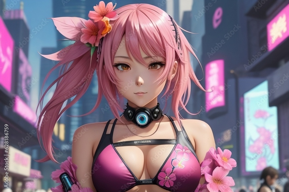 Naklejka premium Anime girl in a pink bikini looking at you