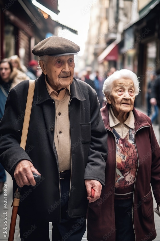 shot of a man leading an elderly woman on a tour through the city