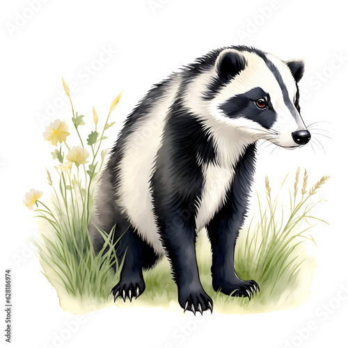 Badger in cartoon style. Cute Little Cartoon Badger isolated on white background. Watercolor drawing, hand-drawn Badger in watercolor. For children's books, for cards, Children's illustration. © chanjaok1
