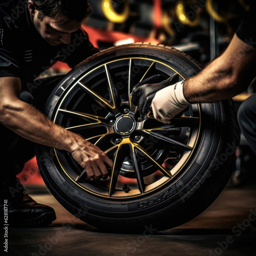 Auto mechanic working in garage and changing wheel tire.