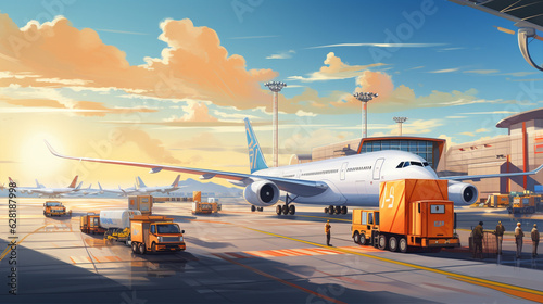 Paint a busy cargo airport apron, with cargo trucks and transporters loading and unloading containers from aircraft, showcasing efficient logistics Generative AI