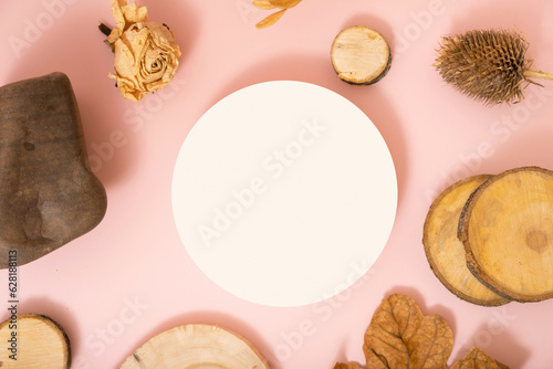 Podium or pedestal template mock up flat lay, top view. Autumn scene composition for cosmetics