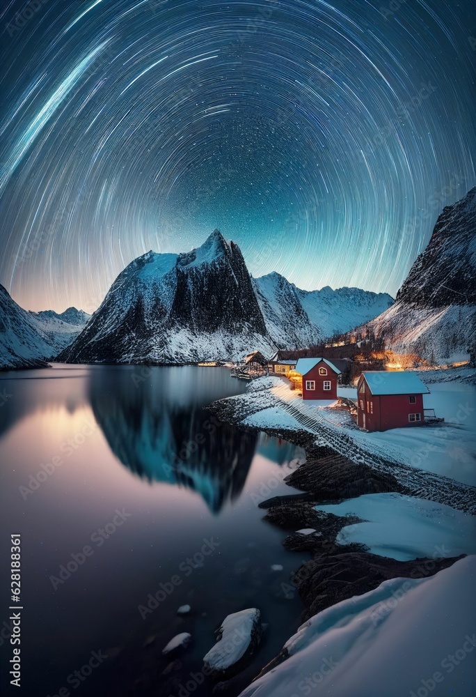 Obraz premium Beautiful village with aurora and star trail over night sky Created with Generative AI technology.