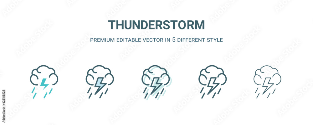thunderstorm icon in 5 different style. Outline, filled, two color, thin thunderstorm icon isolated on white background. Editable vector can be used web and mobile