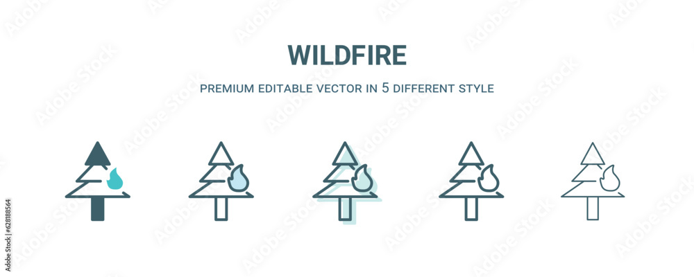 wildfire icon in 5 different style. Outline, filled, two color, thin wildfire icon isolated on white background. Editable vector can be used web and mobile
