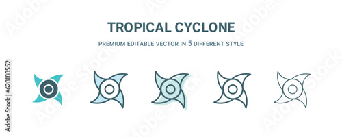 tropical cyclone icon in 5 different style. Outline, filled, two color, thin tropical cyclone icon isolated on white background. Editable vector can be used web and mobile