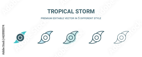 tropical storm icon in 5 different style. Outline, filled, two color, thin tropical storm icon isolated on white background. Editable vector can be used web and mobile