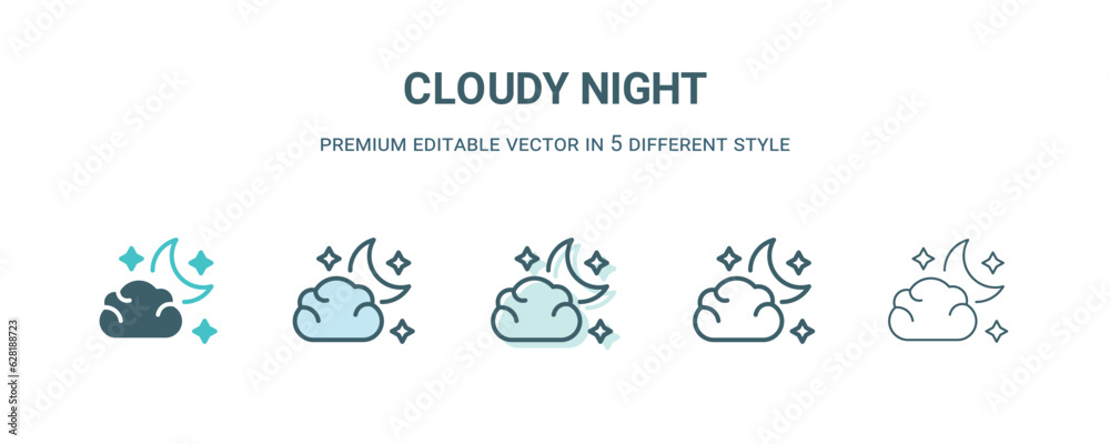 cloudy night icon in 5 different style. Outline, filled, two color, thin cloudy night icon isolated on white background. Editable vector can be used web and mobile