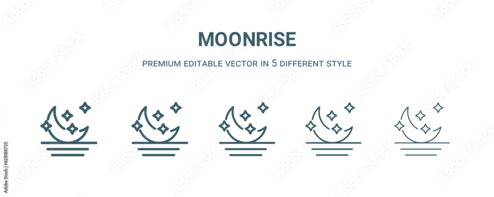 moonrise icon in 5 different style. Thin, light, regular, bold, black moonrise icon isolated on white background.
