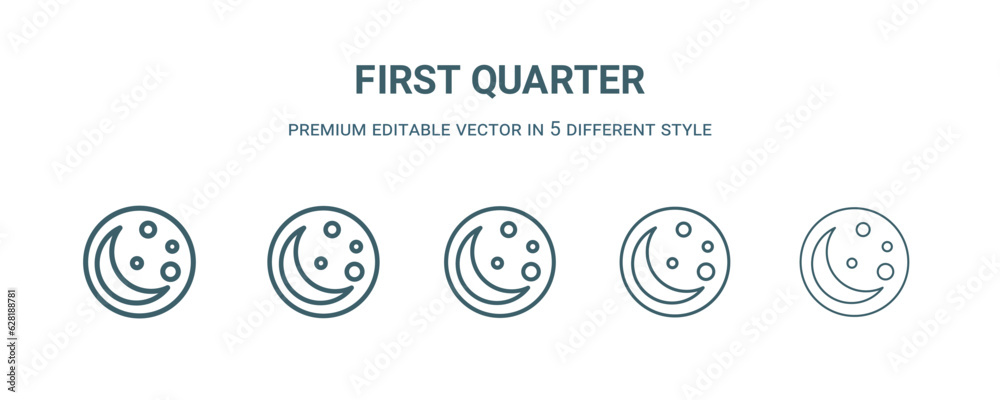 first quarter icon in 5 different style. Thin, light, regular, bold, black first quarter icon isolated on white background. first quarter icon in 5 different style. Thin, light, regular, bold, black first quarter icon isolated on white background.