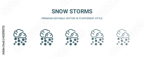 snow storms icon in 5 different style. Thin  light  regular  bold  black snow storms icon isolated on white background.