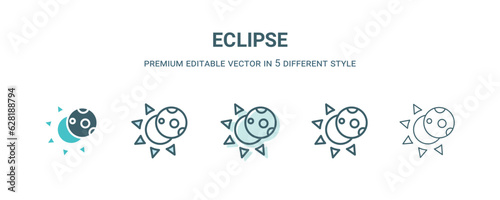 eclipse icon in 5 different style. Outline, filled, two color, thin eclipse icon isolated on white background. Editable vector can be used web and mobile