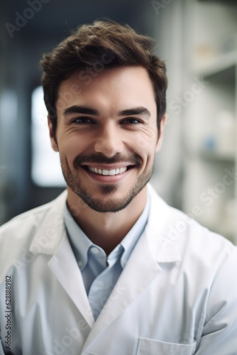 portrait of happy young scientist smiling while standing in his lab
